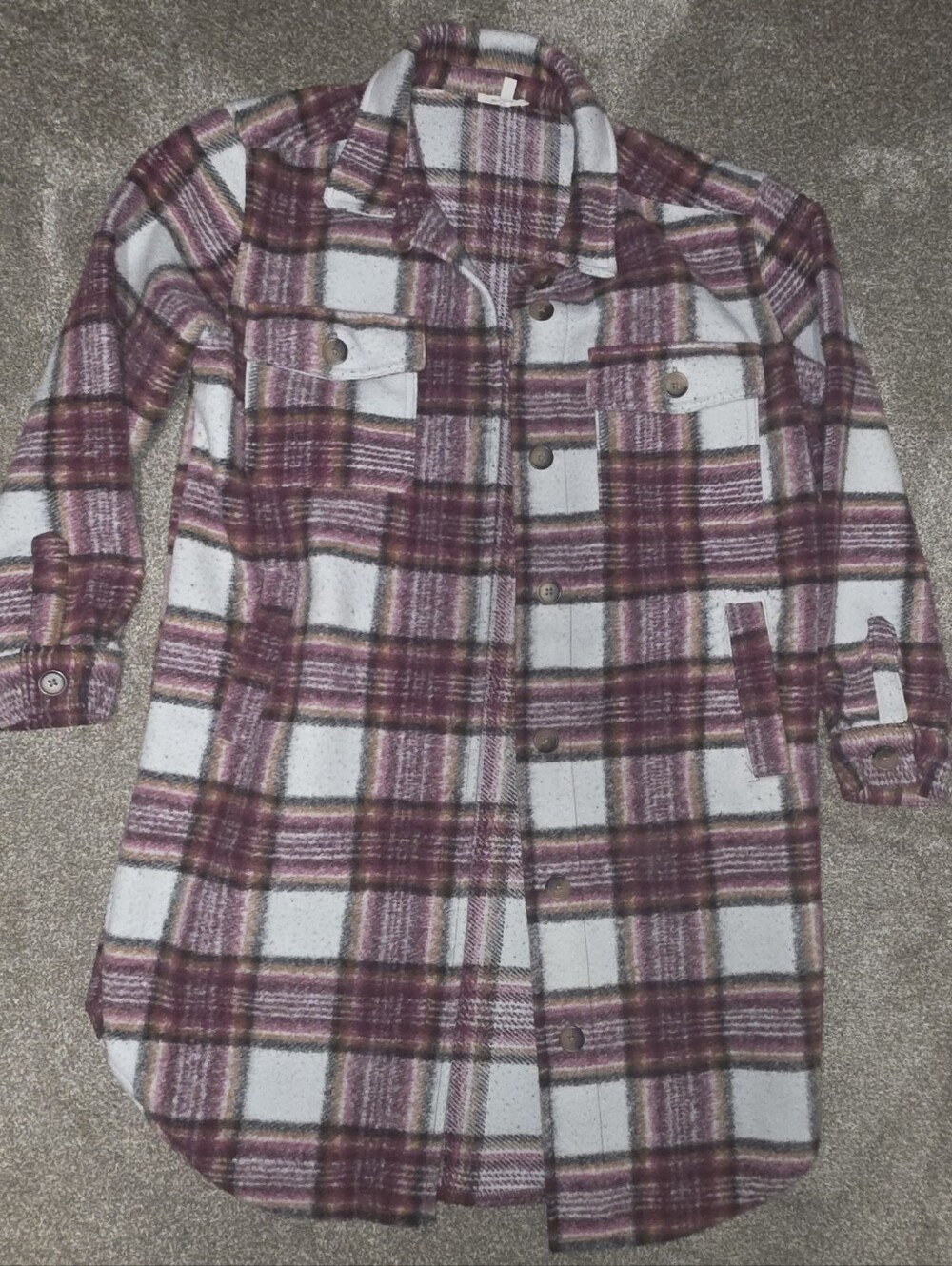 Maurices Plaid Button-Front Shacket in Burgundy and White (Long, Knee Length)